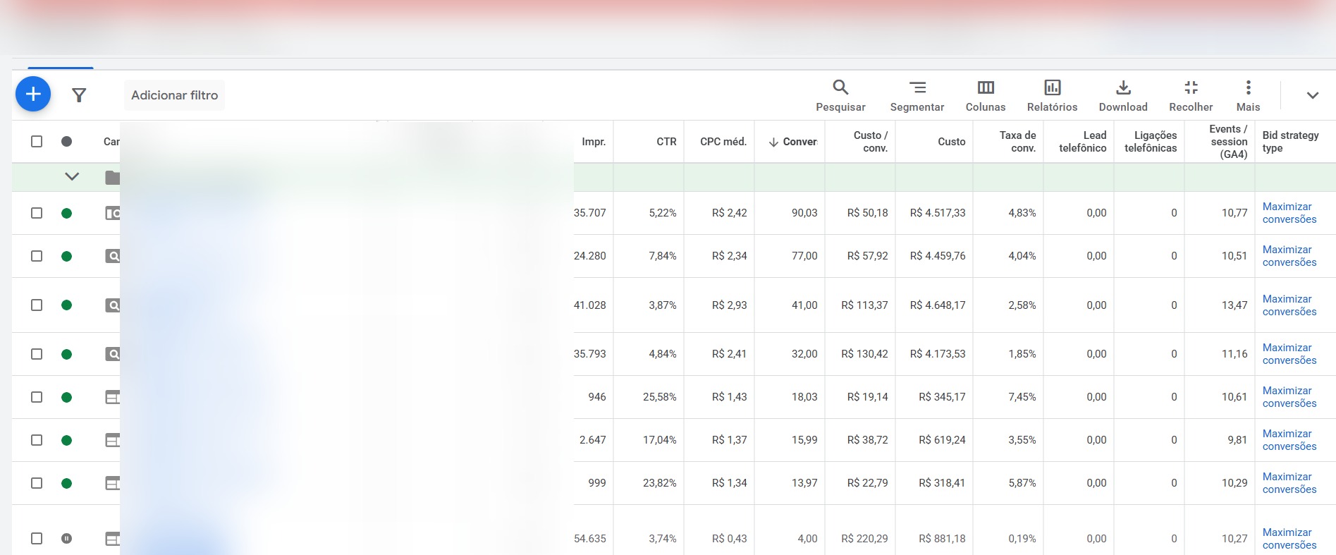 Print de resultados de campanha no Google Ads (dados desfocados)