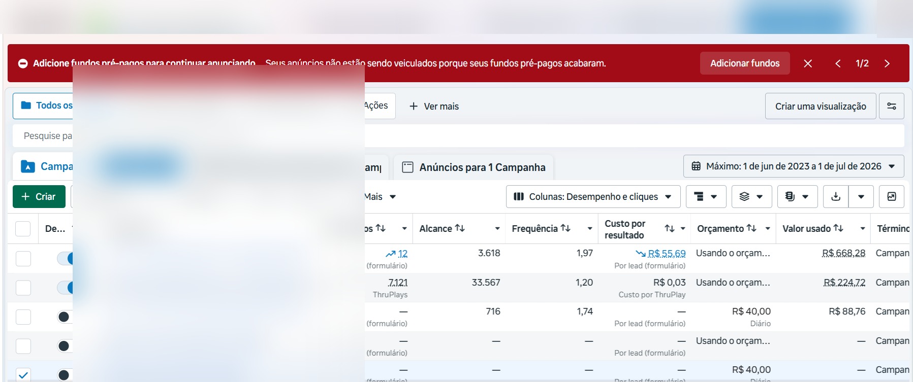 Print de resultados de campanha no Meta Ads (dados desfocados)