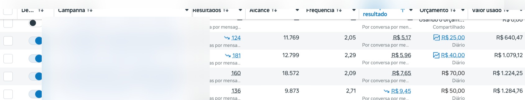 Print de resultados de campanha no Meta Ads (dados desfocados)