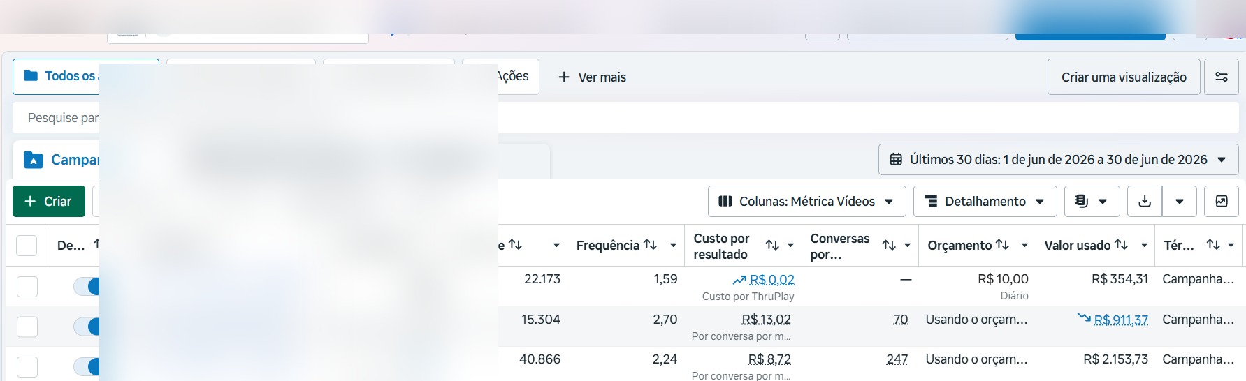 Print de resultados de campanha no Meta Ads (dados desfocados)