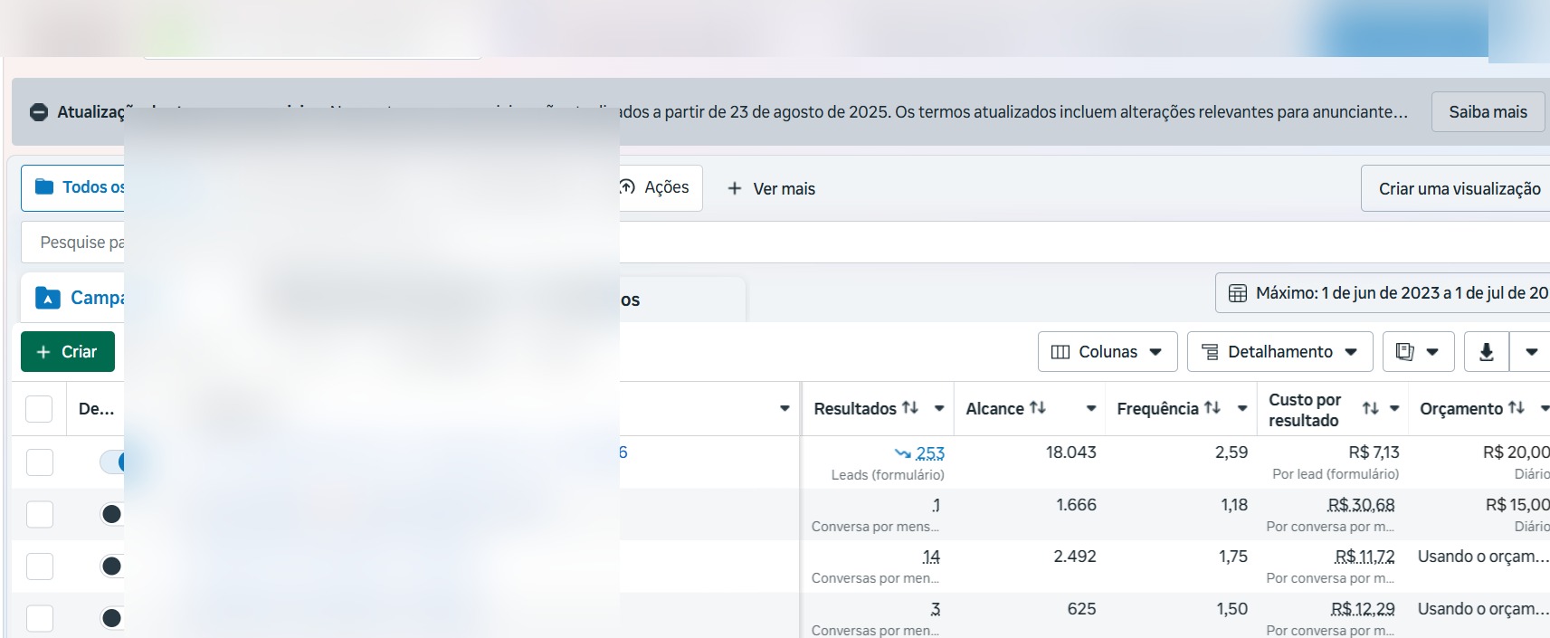 Print de resultados de campanha no Meta Ads (dados desfocados)