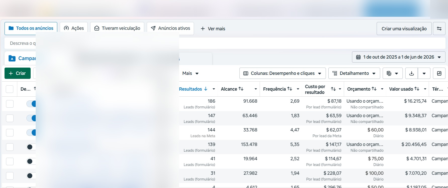 Print de resultados de campanha no Meta Ads (dados desfocados)